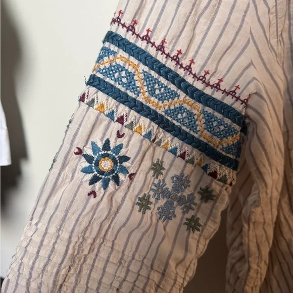 Johnny Was Striped Embroidered Blouse - Blue and Red - Picture 5 of 9